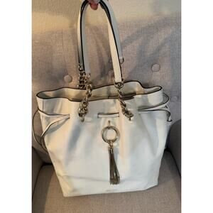 Jimmy Choo Callie Large Leather Drawstring Bucket Bag White Gold Tone Hardware